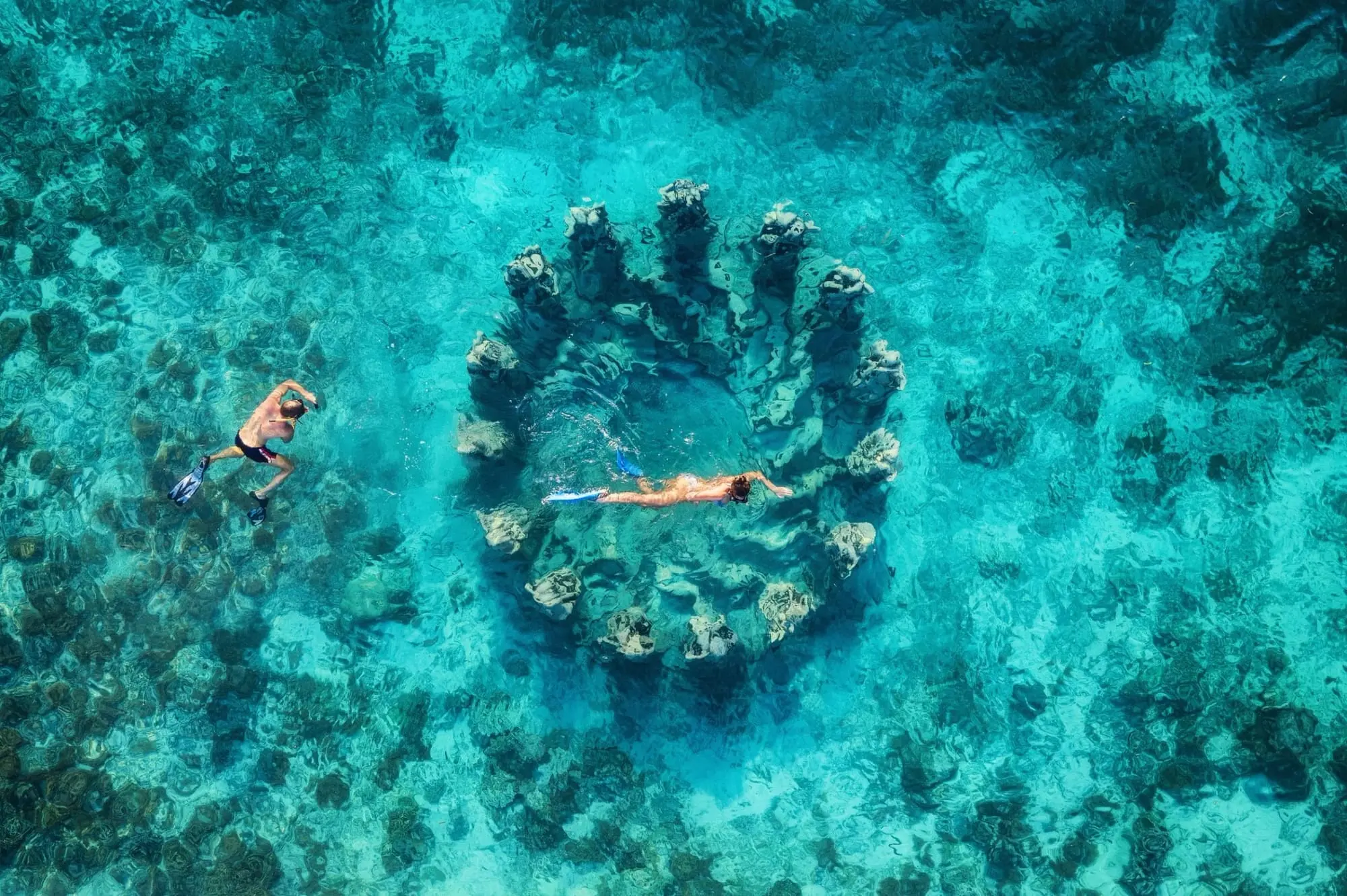 A person swimming in clear blue water near a ring of rocks submerged in the water.